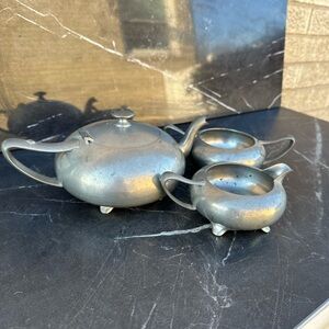 Vintage Mid-Century  Wilcox Pewter tea pot Sugar Bowl & Creamer Set – 3 pcs